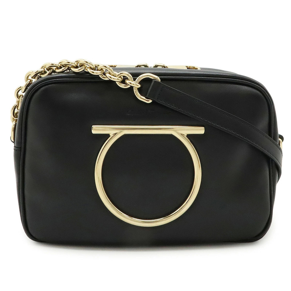 Salvatore Ferragamo Gancini Chain Shoulder Bag Pochette Leather Black